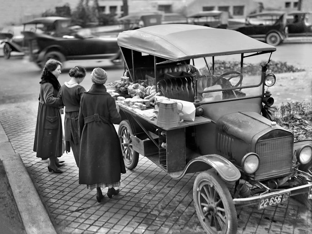 Food Truck, Vintage Black and White Old Photo