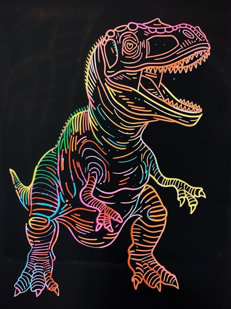 Neon Rainbow Dinosaur Line Illustration With Black Background 1