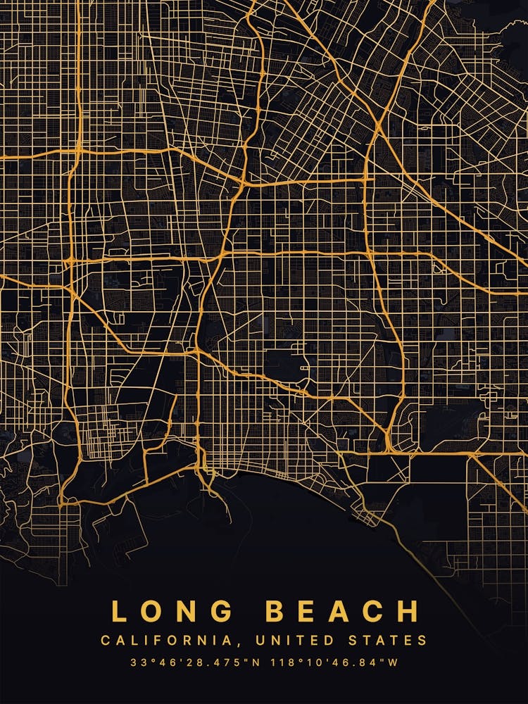 Long Beach California Black And Gold Map