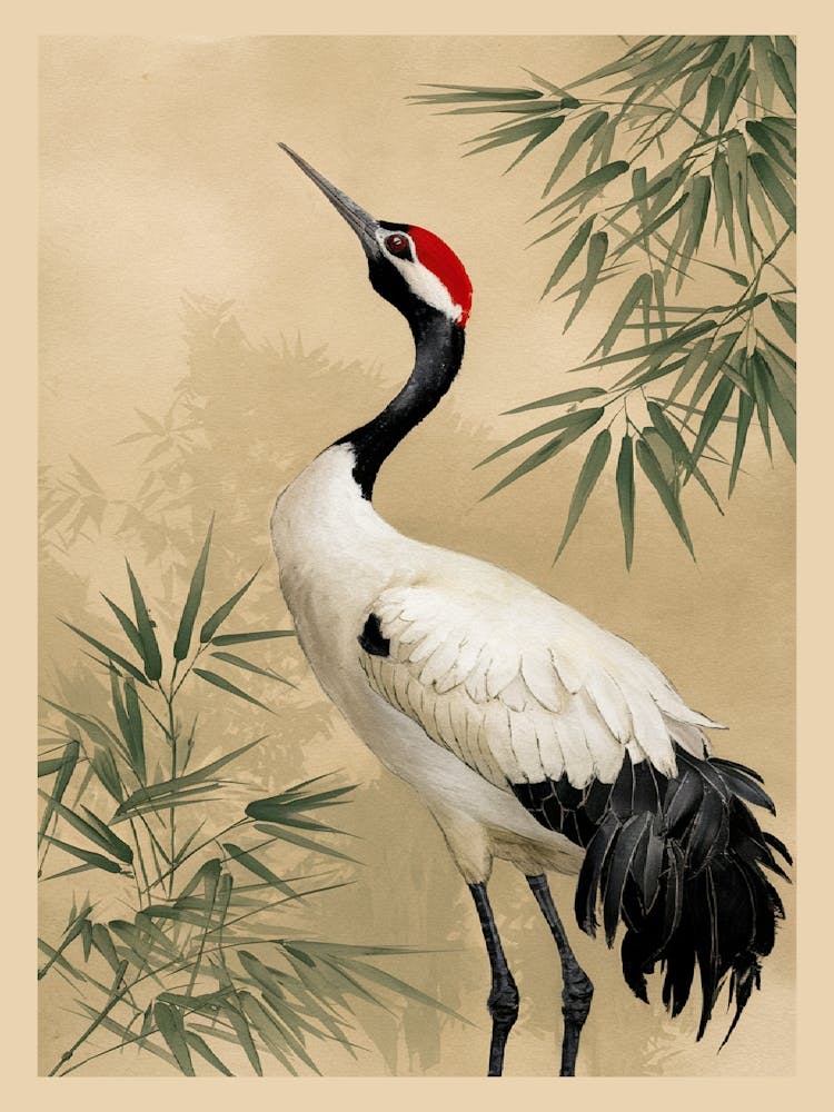 Serene Crane Painting With Bamboo Harmony 3