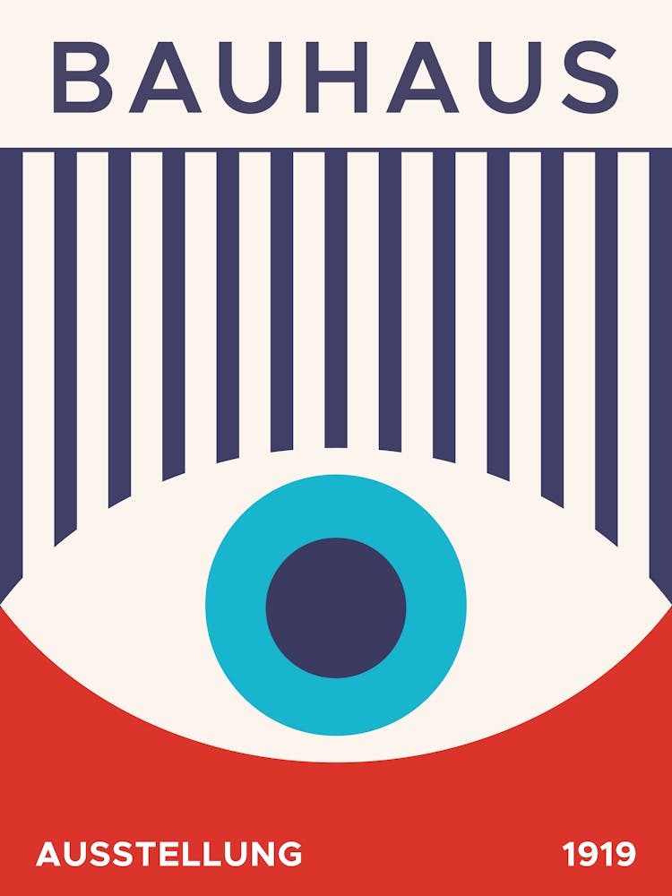 Bauhaus 1919 Ausstellungsstreifenmuster, Bauhaus, Vintage, Retro, Pop, Modern, Zeitgenössisch, 70er, 90er, farbenfroh, europäisch, Ausstellung, Museum, böses Auge, geometrisch, abstrakt