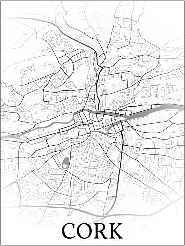 Cork, Cork, Ireland, City Map, Black And White Fade Design
