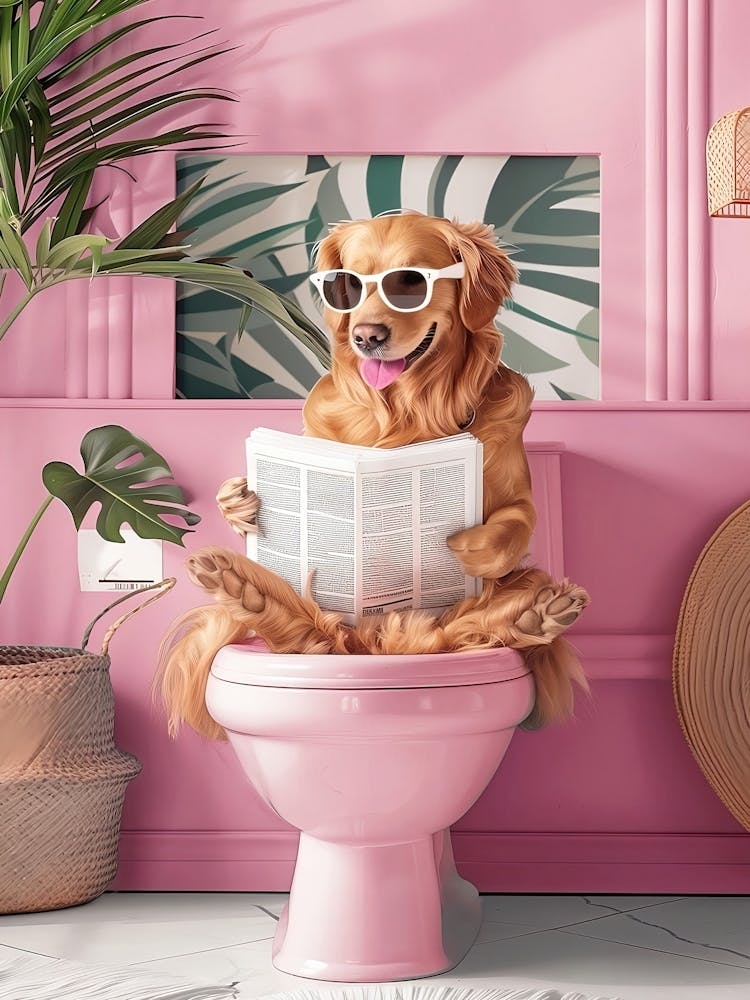Badezimmer Golden Retriever beim Lesen auf der Toilette Druck, Lustiger Hundedruck, Badezimmerdeko, Toiletten-Wandkunst Badezimmer-Wandkunst Golden Retriever Mama