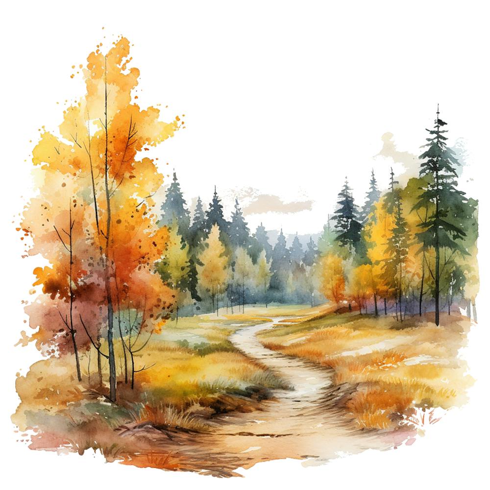 Watercolor Autumn Forest Path 1