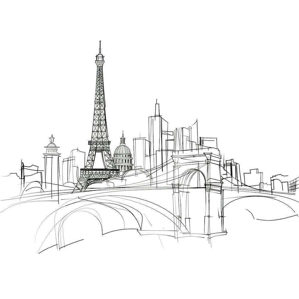 Paris Skyline Skizze, minimalistisch, Strichzeichnung, Schwarz-Weiß.