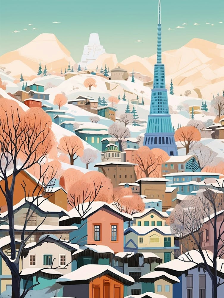 Vintage Winter Travel Illustration Seoul South Korea 4