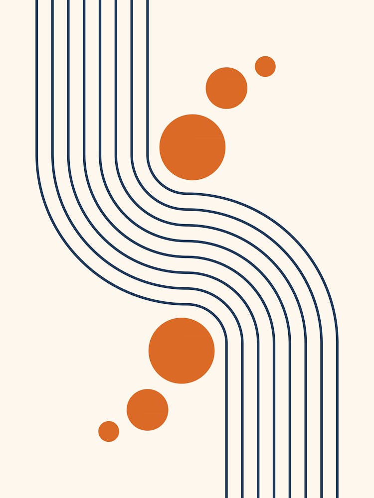 Modern Mid Century Sun and Rainbow Abstract 15 in Navy Blue and Burnt Orange