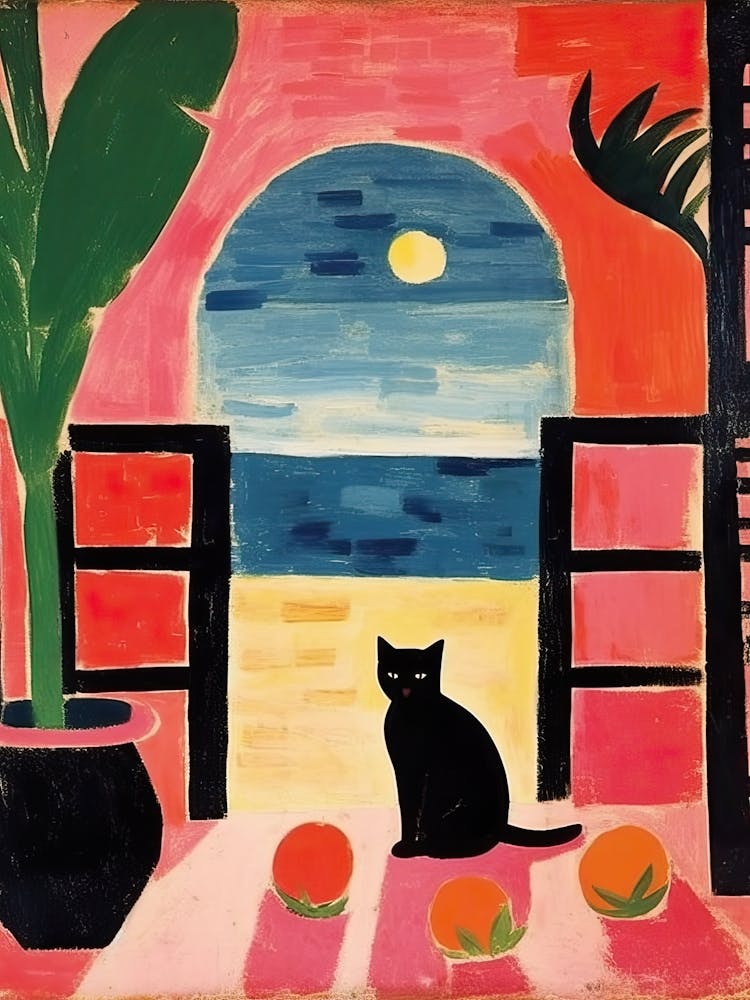 Matisse Style Painting Black Cat In Amalfi Lemons