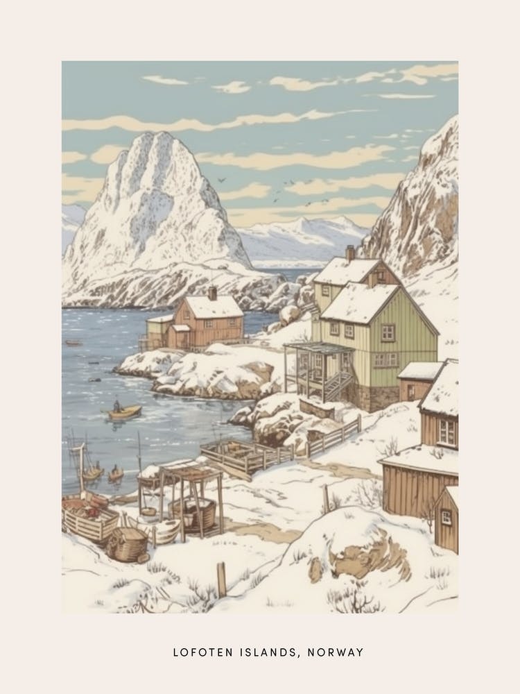 Vintage Winter Poster Lofoten Islands Norway 2
