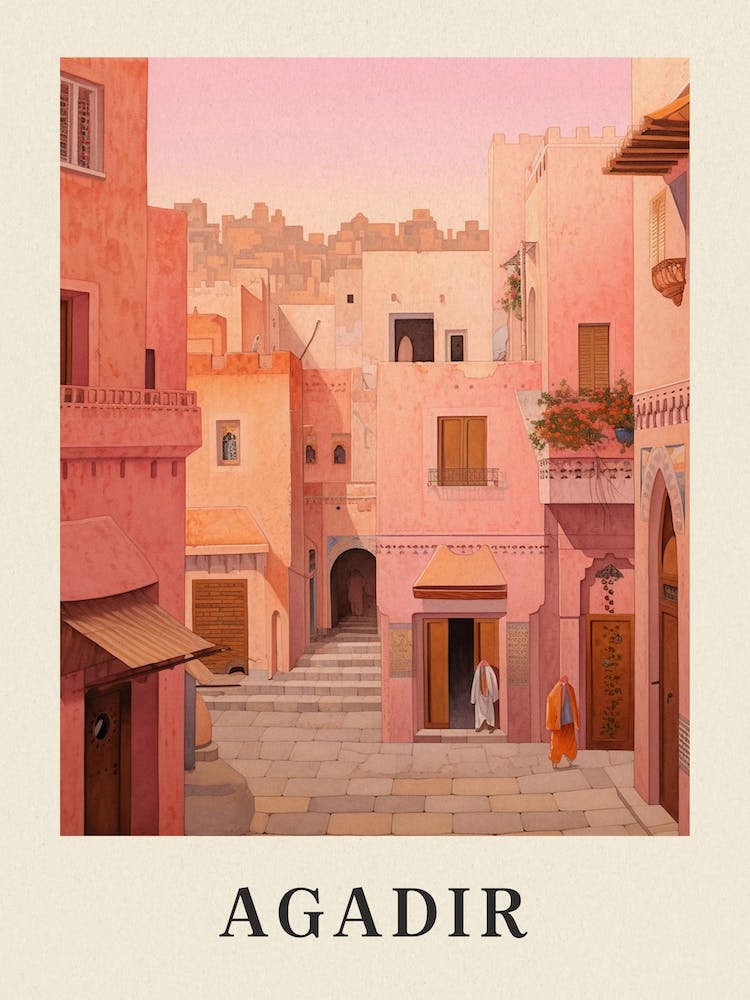 Agadir Morocco 3 Vintage Pink Travel Illustration Poster