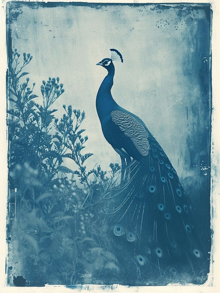 Peacock In The Meadow Cyanotype Inspired 1