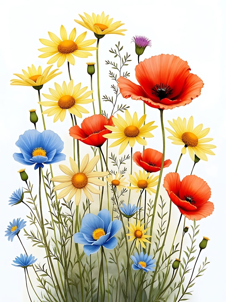 Delicate Blue and Yellow Poppy Stems