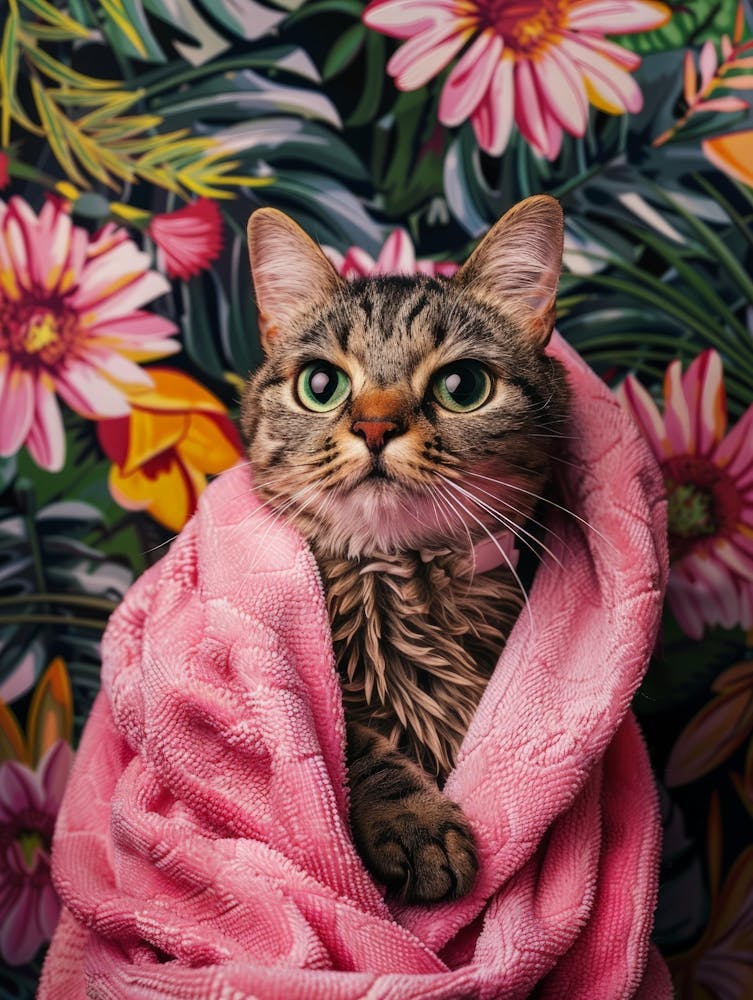 Cat Wrapped In Pink Towel