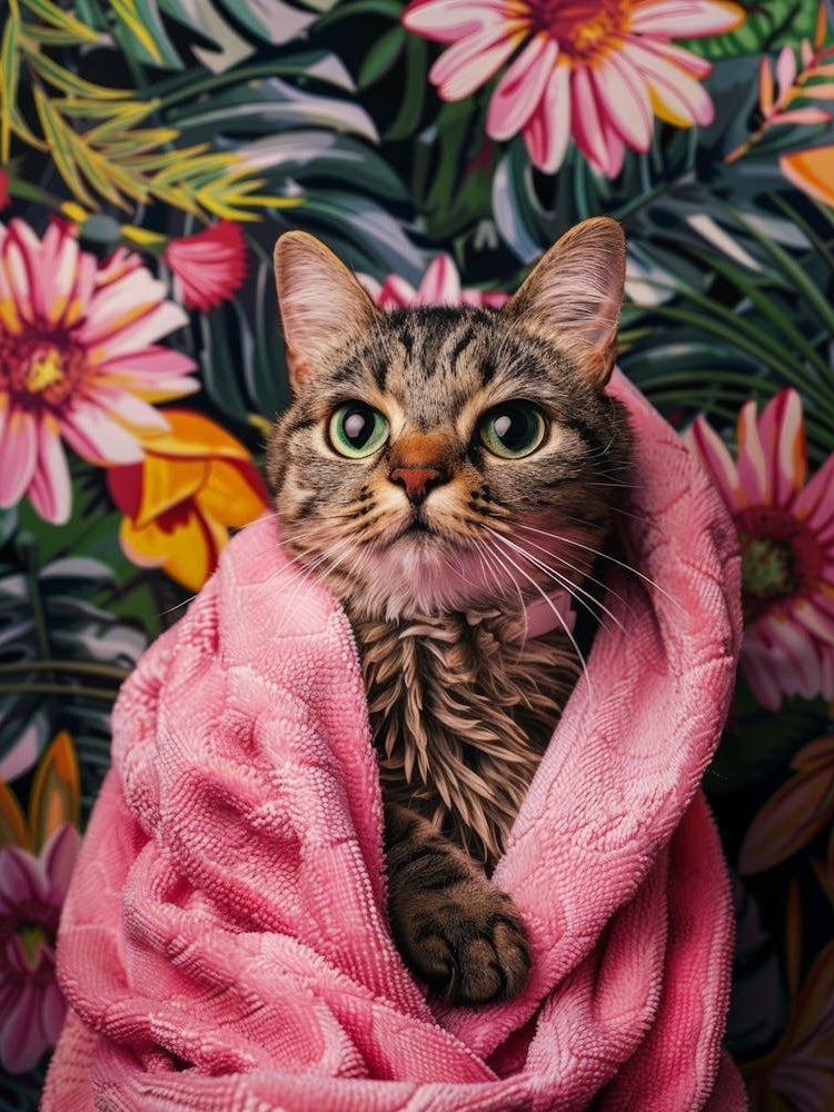 Cat Wrapped In Pink Towel