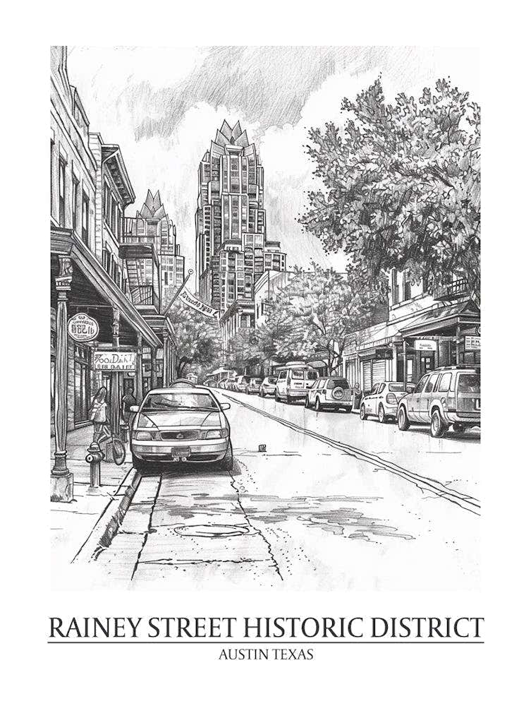 Rainey Street Historic District Austin Texas Black And White Drawing 1 Poster