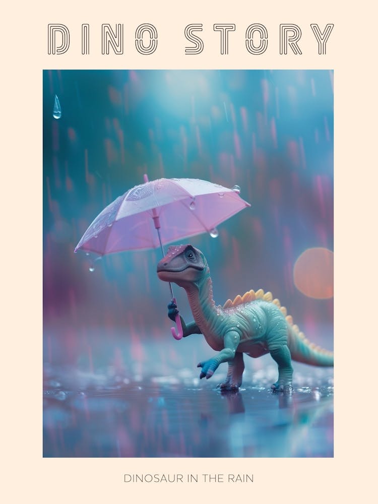 Toy Dinosaur Walking Through The Rain With An Umbrella 1 Poster