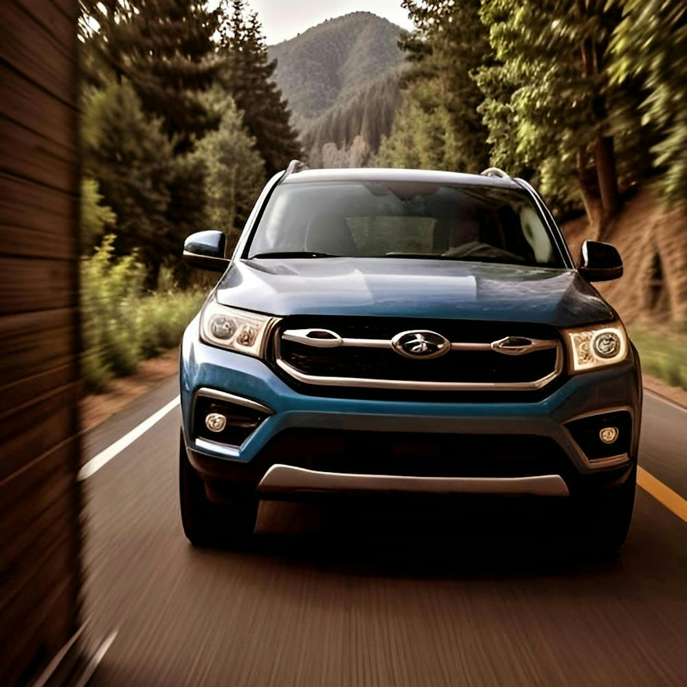 Blue Suv in thick forest