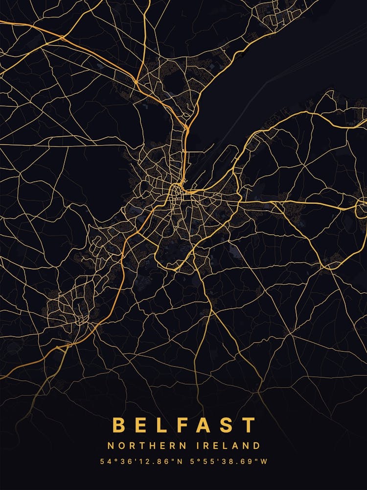 Belfast Northern Ireland Black And Gold Map
