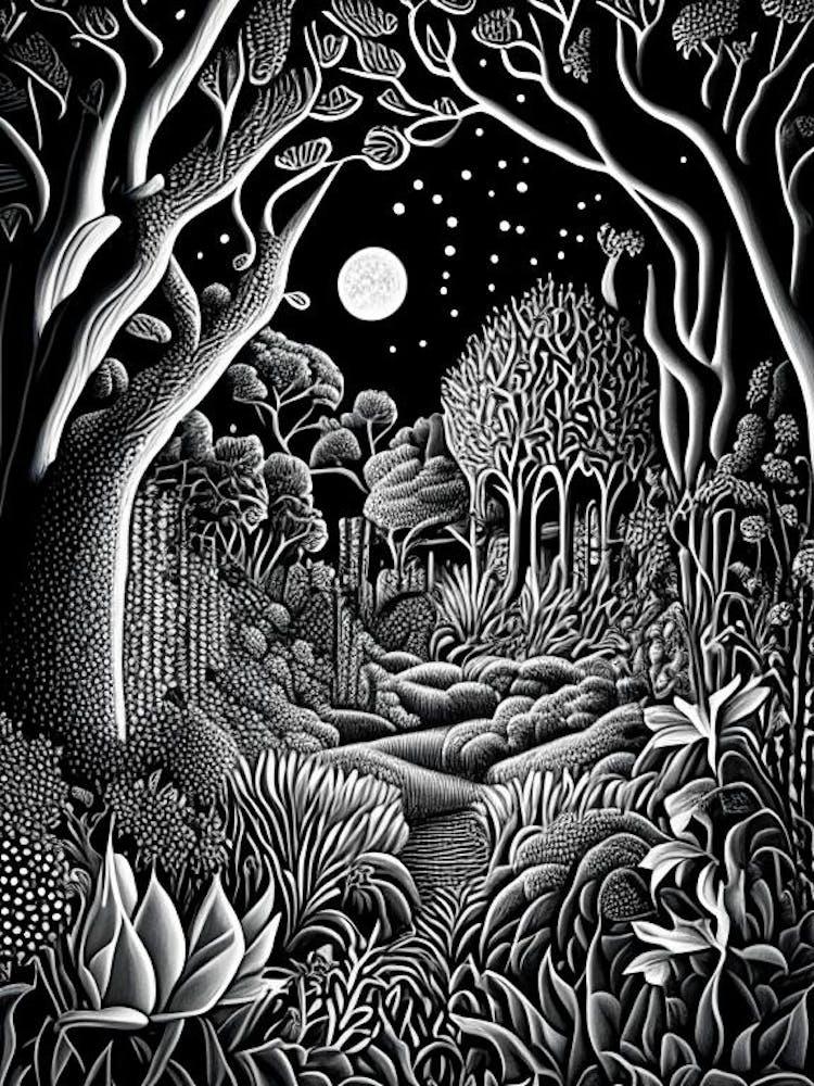 Garden Of Cosmic Speculation, United Kingdom Linocut Black And White Vintage