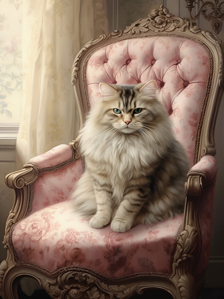 Cat on A Fancy Chair, Funny, Pink Pastel Colors