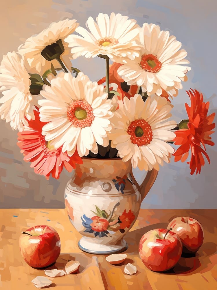 Gerbera Daisy Flower And Peaches Still Life Painting 1 Dreamy