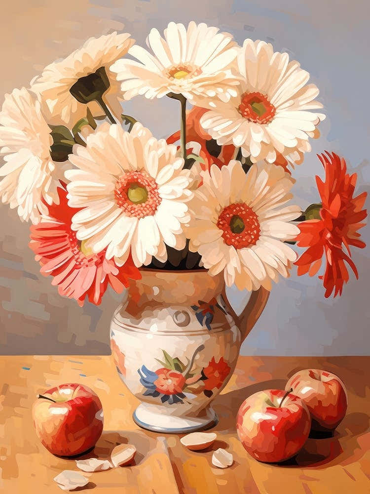 Gerbera Daisy Flower And Peaches Still Life Painting 1 Dreamy