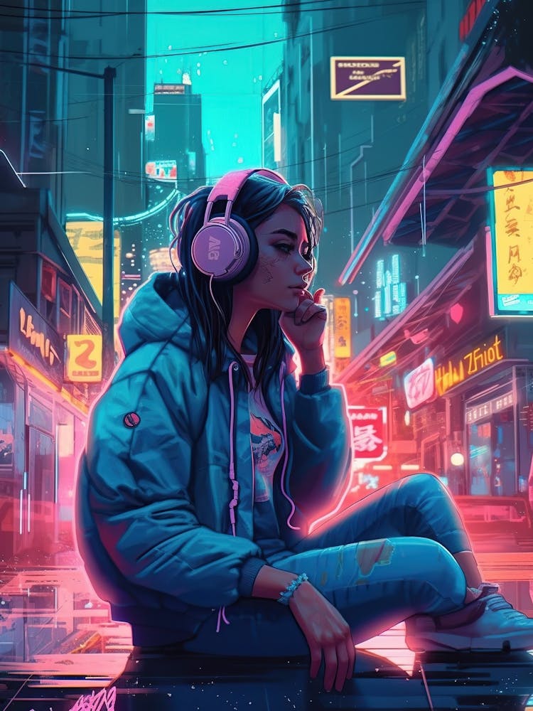 Girl With Headphones In The City