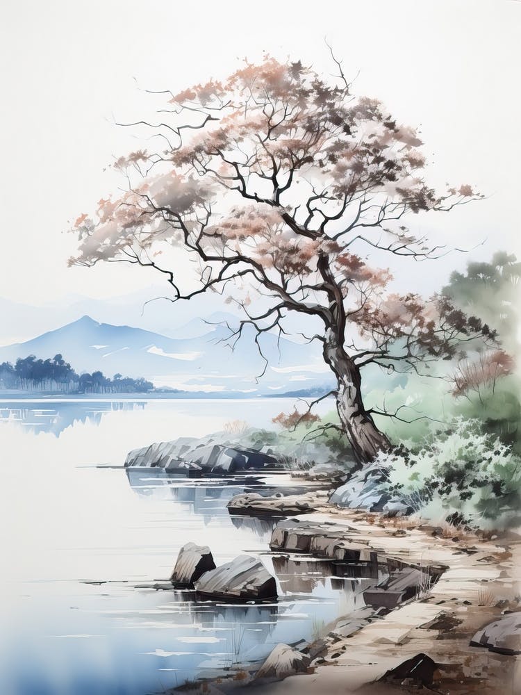 Lake Toya In Hokkaido, Japanese Brush Painting, Ukiyo E, Minimal 4