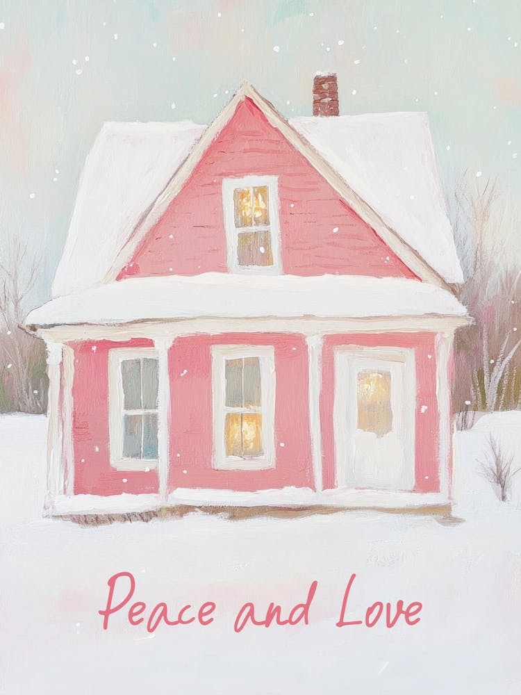 Peace And Love. Pink House in the Snow. Christmas Acrylic