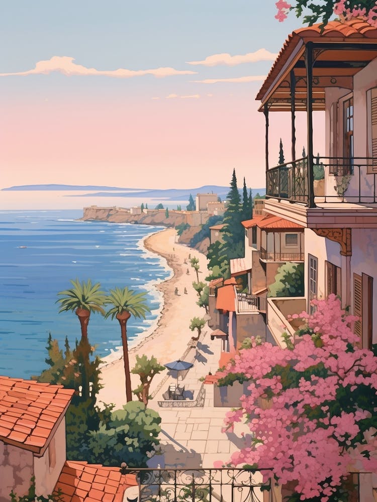 Antalya Turkey 4 Vintage Pink Travel Illustration