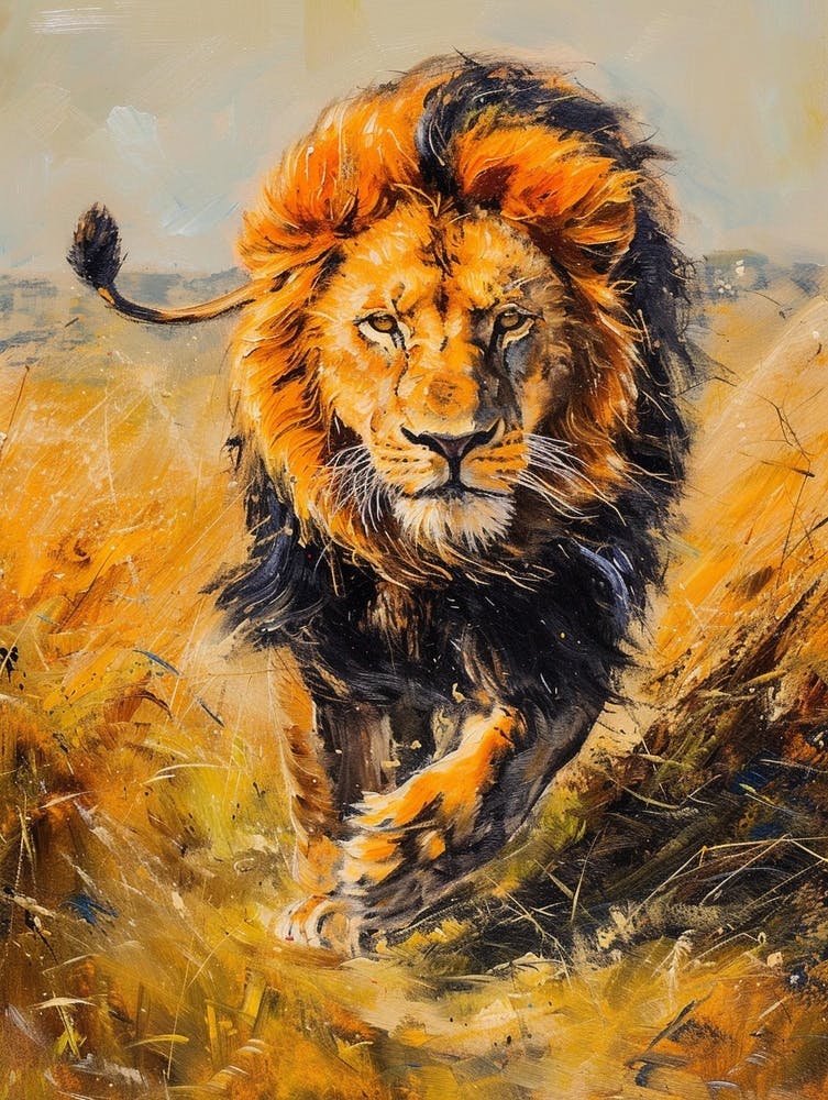 African Lion Hunting Acrylic Painting 4