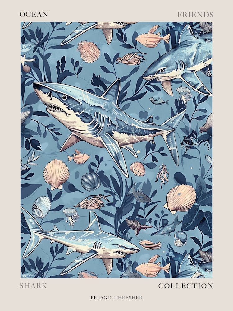 Pastel Blue Pelagic Thresher Watercolour Seascape Pattern 3 Poster