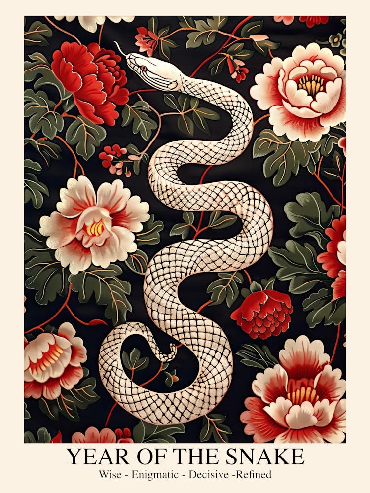 Lunar Year Of The Snake 2025 Wall Poster Framed Snake Art Chinese Zodiac Vintage White