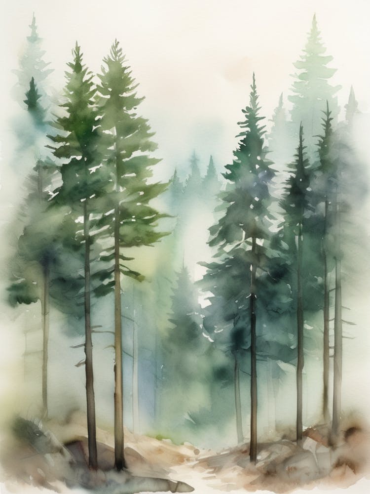 Appalachian Mountains of Misty Pines Watercolor Print of Evergreen Forest..137
