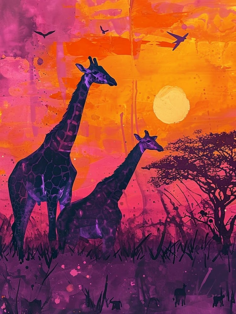 Two Giraffes At Sunset Purple 2