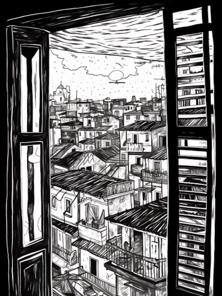 A Window View Of Havana In The Style Of Black And White  Line Art 3