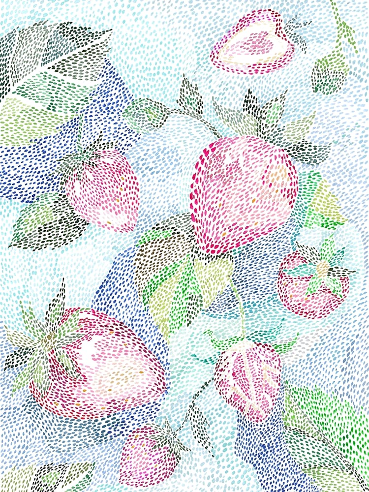 Pointillist Fruits Strawberries And Leaves