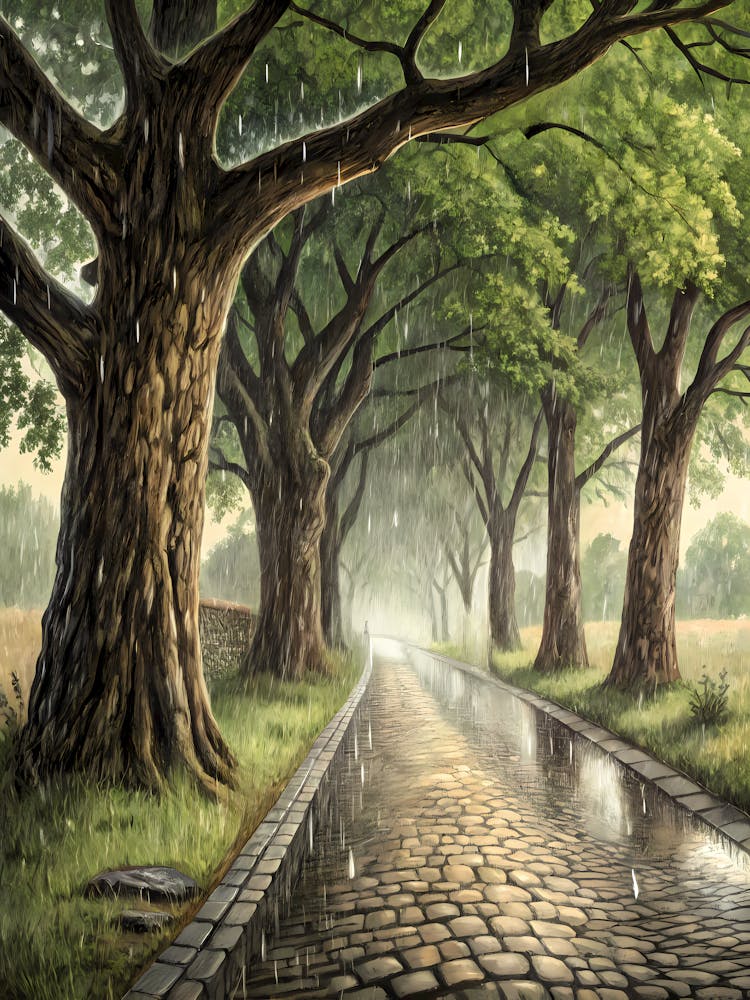 Rain-Soaked Cobblestone Path Through Forest Oil Painting