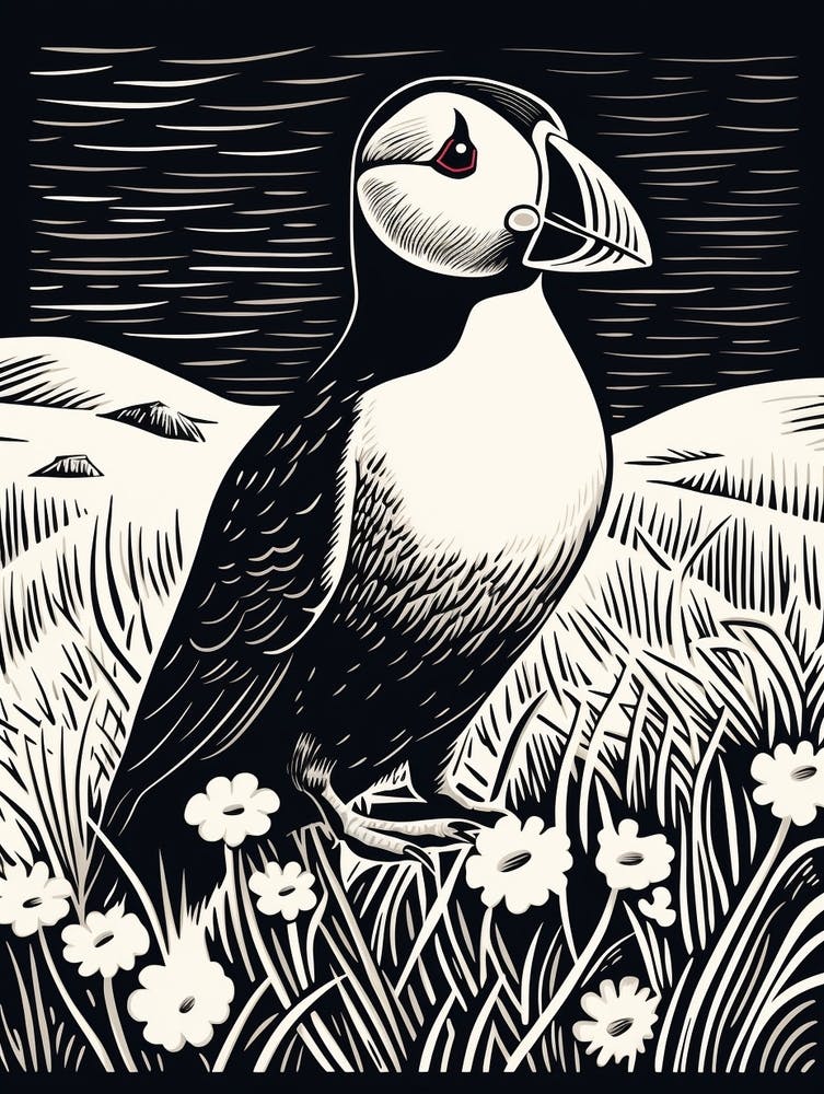 B&W Bird Linocut Puffin 1