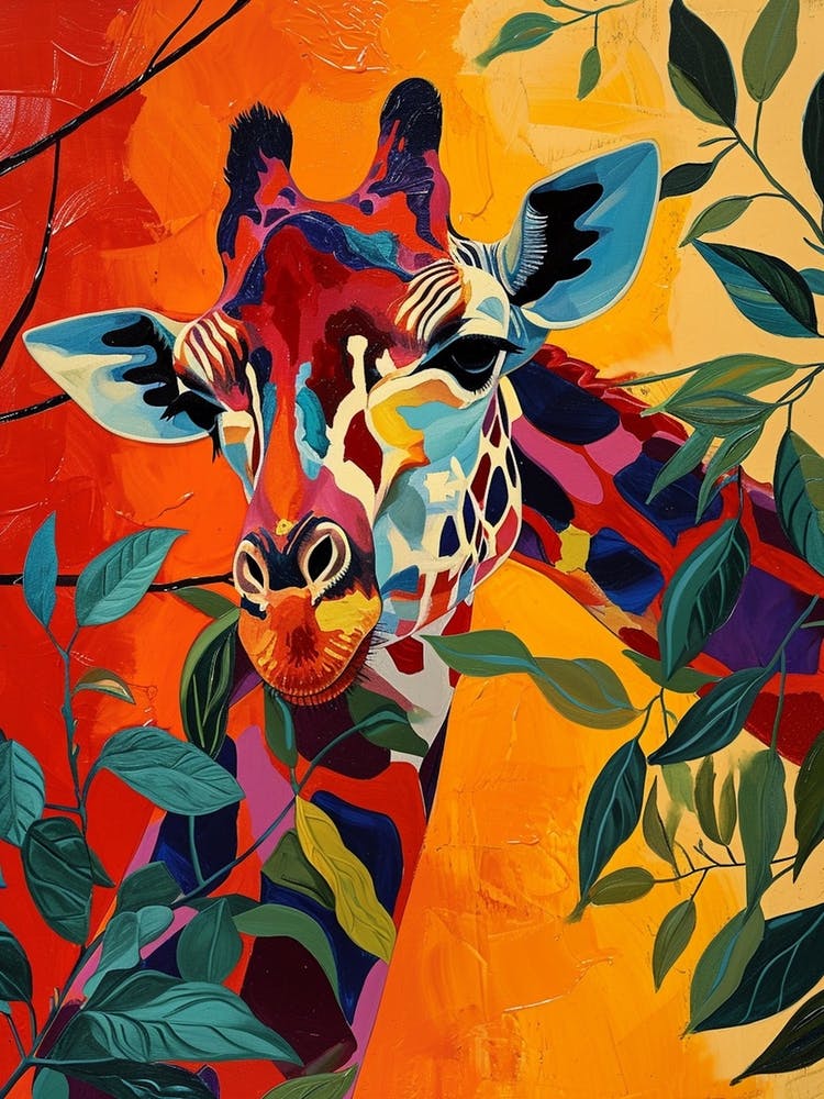 Colourful Giraffe In The Leaves Oil Painting Inspired 3