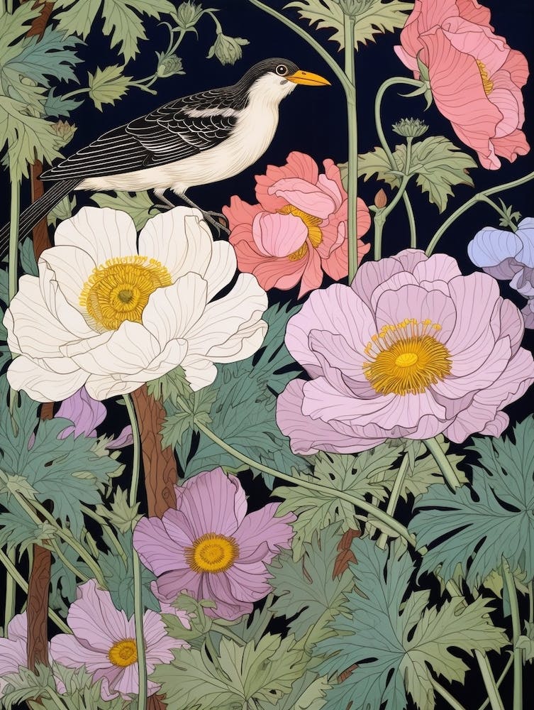 Japanese Anenome And Bird 2 Vintage Japanese Botanical