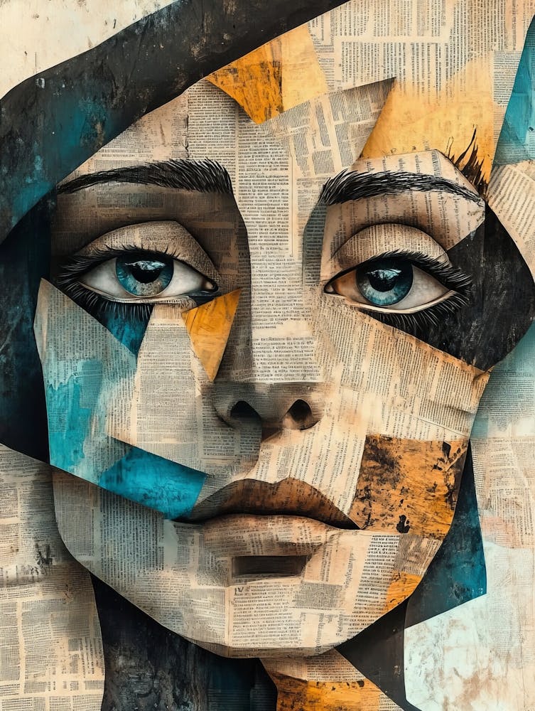 Abstract Portrait Of A Woman Made Out Of Newspaper. Surreal Portrait