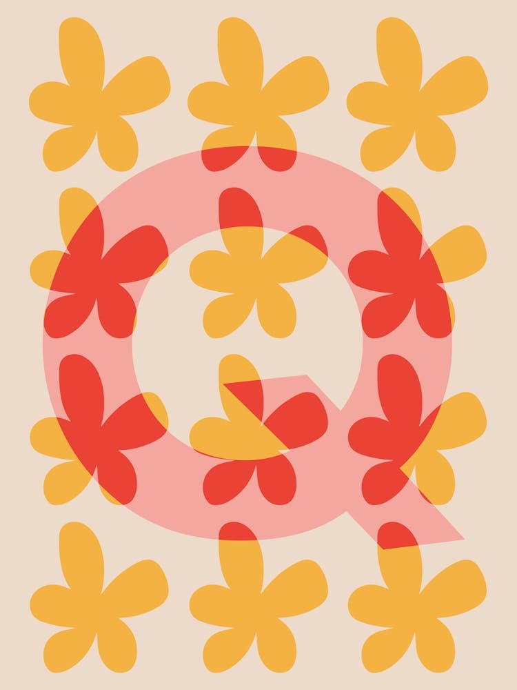 Alphabet Blume Buchstabe Q Druck - Rosa, Gelb, Rot