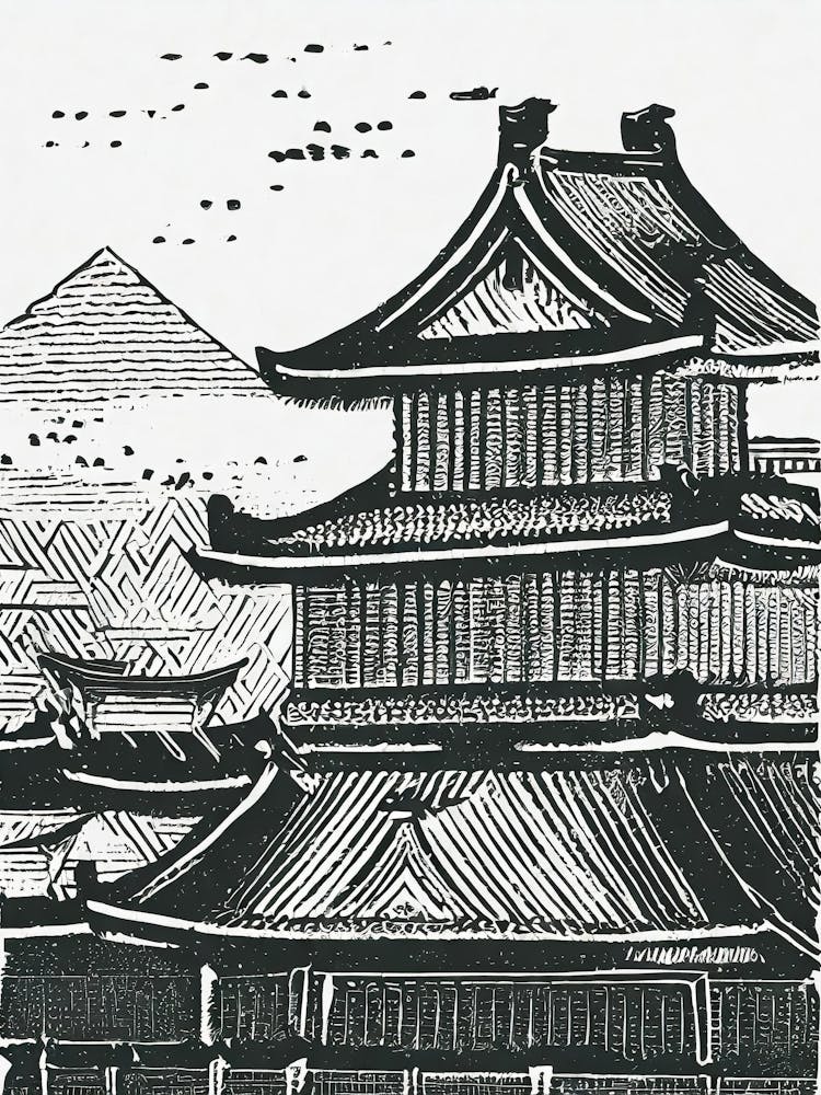 Asian Pagoda Linocut