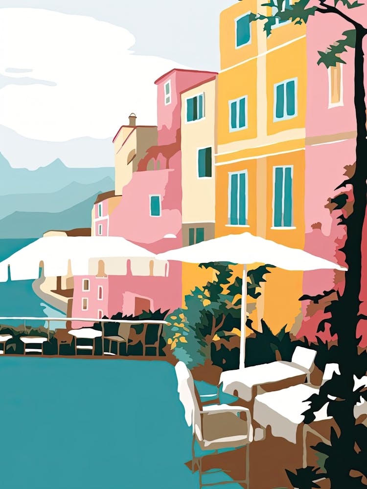 Positano, Italy, Illustration in flachen Pastelltönen 4