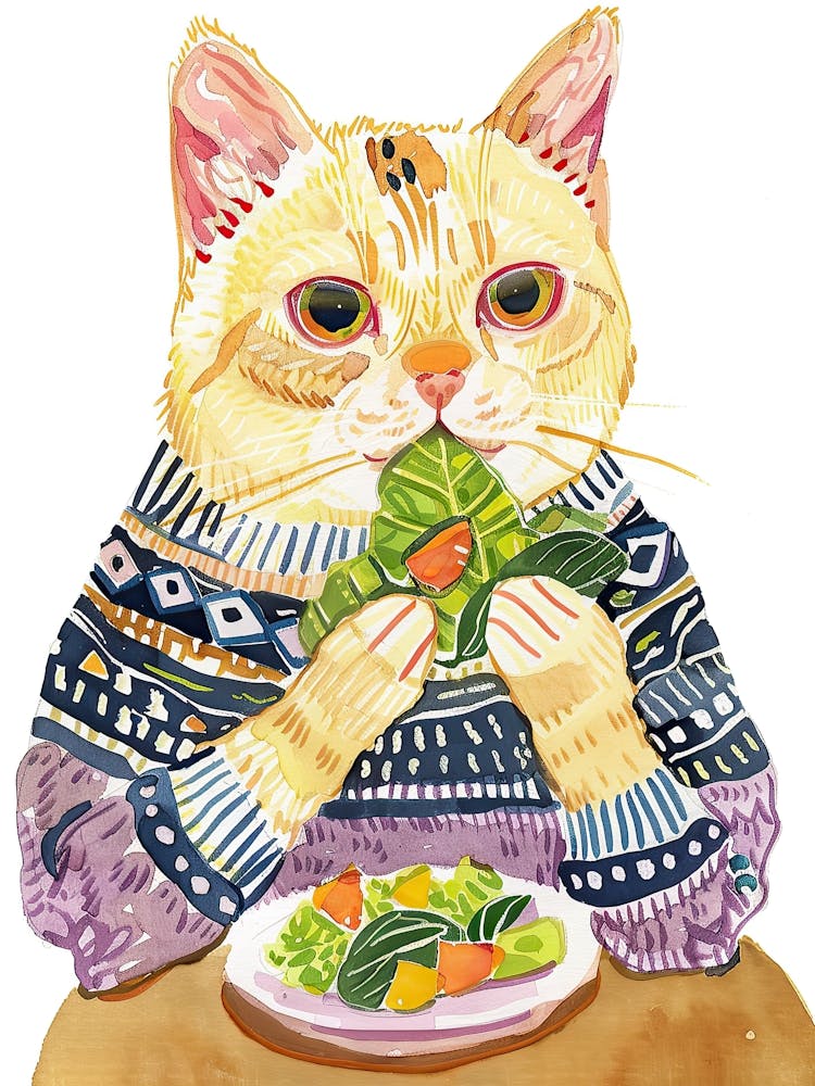 Cute Tan Cat Eating A Salad Folk Illustration 2