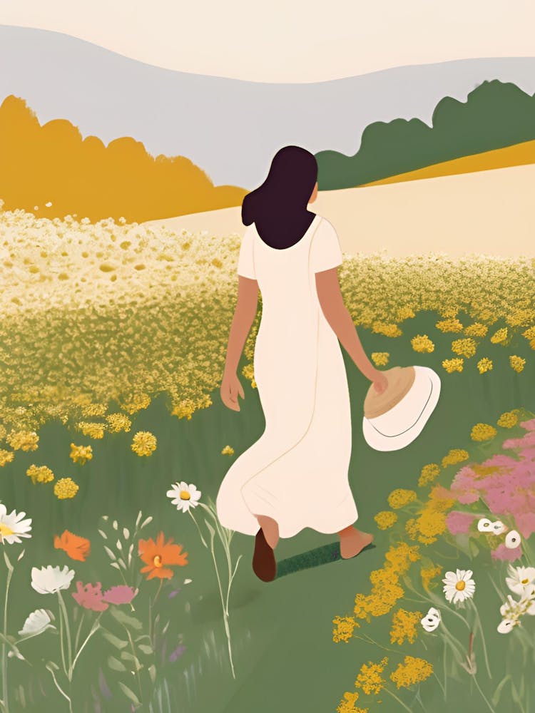 Woman Walking Through A Field Of Flowers 1