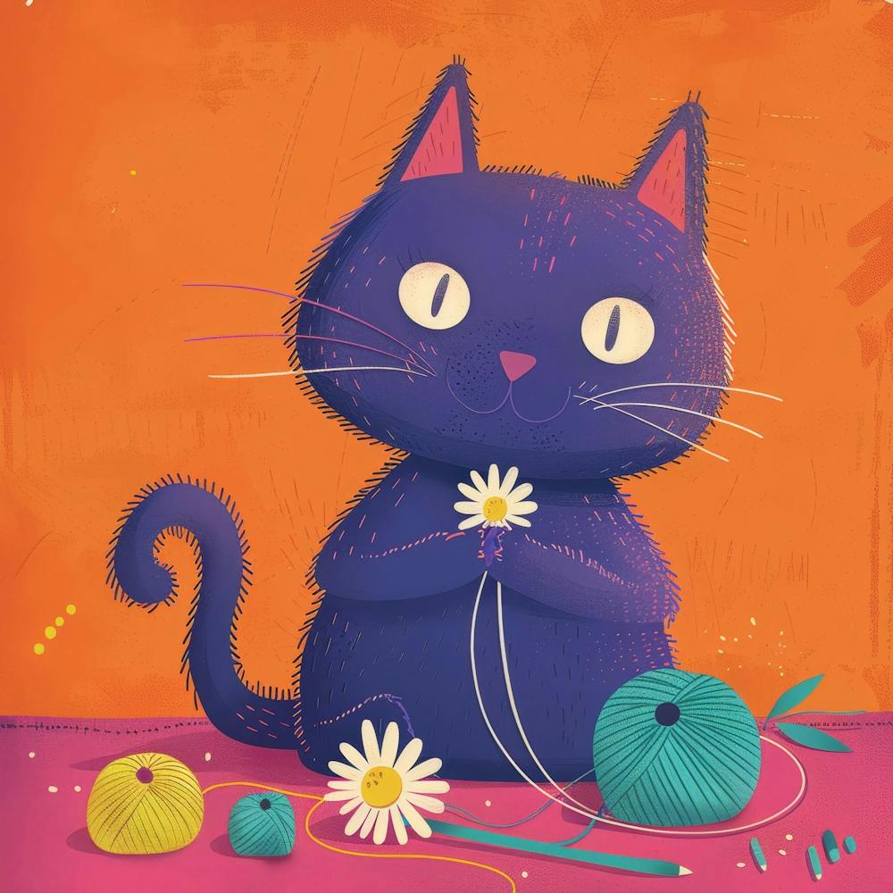 Cat With Yarn And Flowers