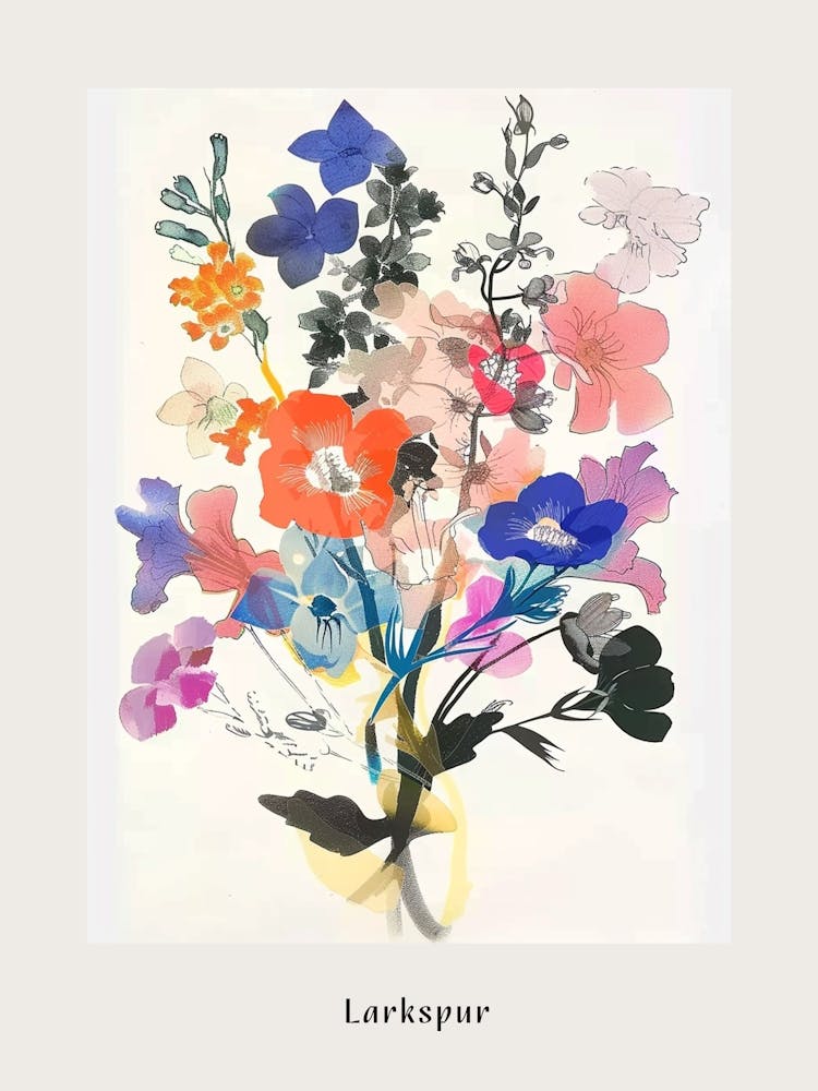Larkspur Collage Flower Bouquet Poster