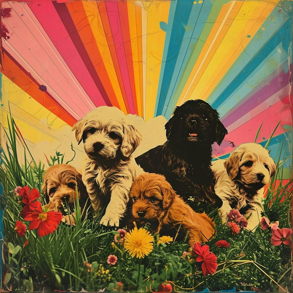 Rainbow Puppies In The Meadow Sunny Collage
